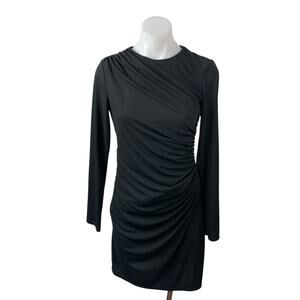 Zara Women's Black Long Sleeve Draped Ruched Crew Neck Mini Bodycon Dress Size M